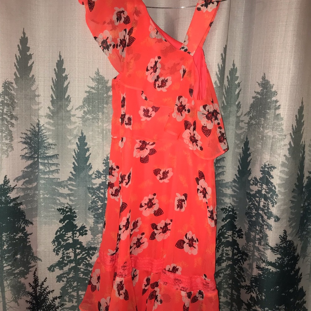 Shock of color! Express Neon Floral Print Asymmetrical ruffle neck line